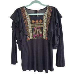 Free People OB651125 La Cienga Embroidered Tiered Ruffle Blouse Black M Boho